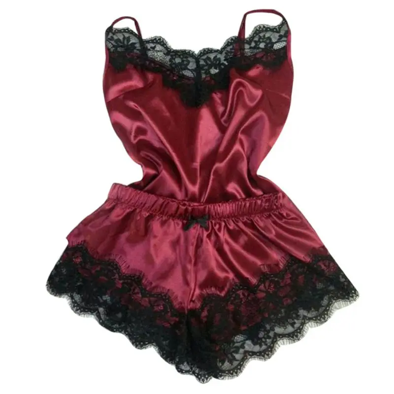 

Womens Sexy Imitated Faux Silk Pajamas Set Deep V-Neck Solid Color Camisole Sleepwear Eyelash Floral Lace Trim Wide Leg Shorts