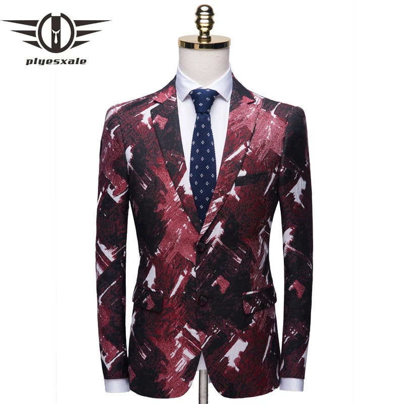 Plyesxale Mens Blazers Casual Terno Masculino Fashion Print Blazer For Men Elegant Burgundy Pattern Stylish Blazer Hombre Q820