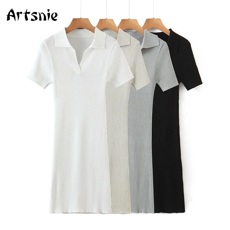 

Artsnie Summer 2021 Straight Dress Women Turn Down Collar Short Sleeve High Waist Casual Ladies White Mini Dresses Vestidos