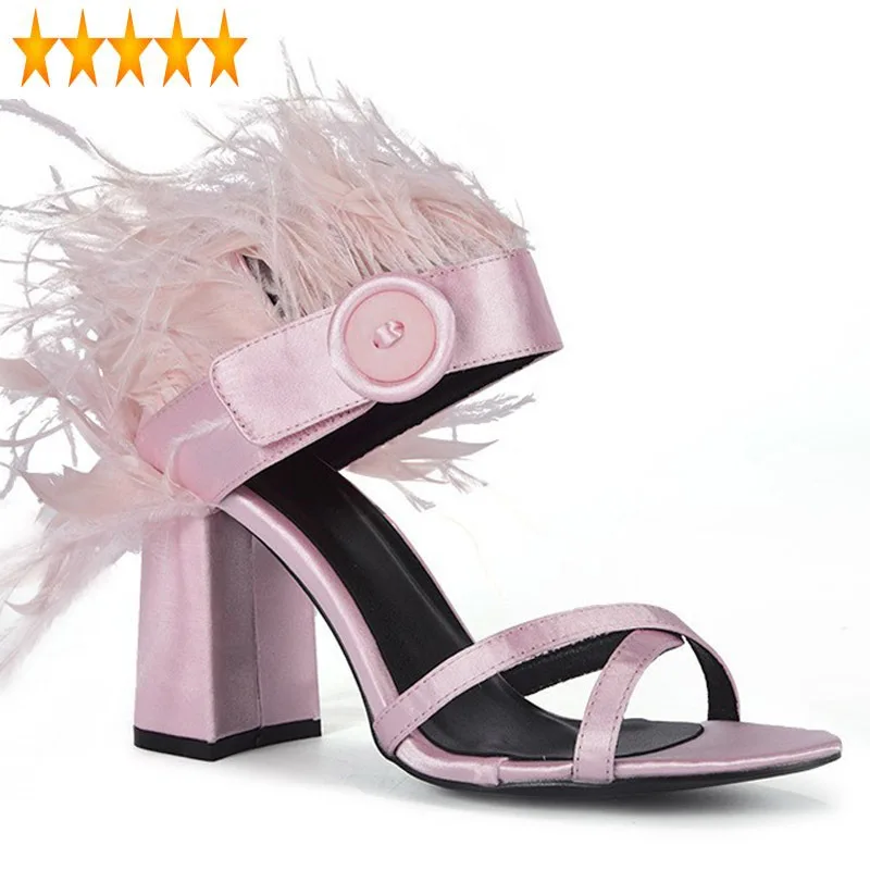 

Block Tassel Button Elegant Pink Sandals Women Summer 2021 Runway Peep Toe High Heel Pumps Shoes Rome Party Sandalias Mujer