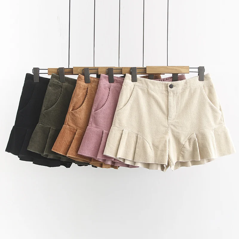 Шорты женские вельветовые с оборками повседневные короткие штаны завышенной