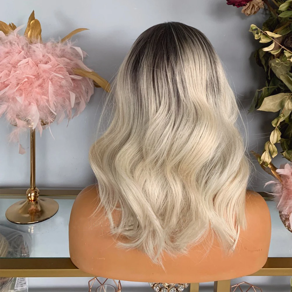 Platinum Blonde Human Hair Lace Front Wig Short Bob Wavy Wigs Highlight Black Roots Ombre Lace Front Wig 13x1 Remy Hair 150%