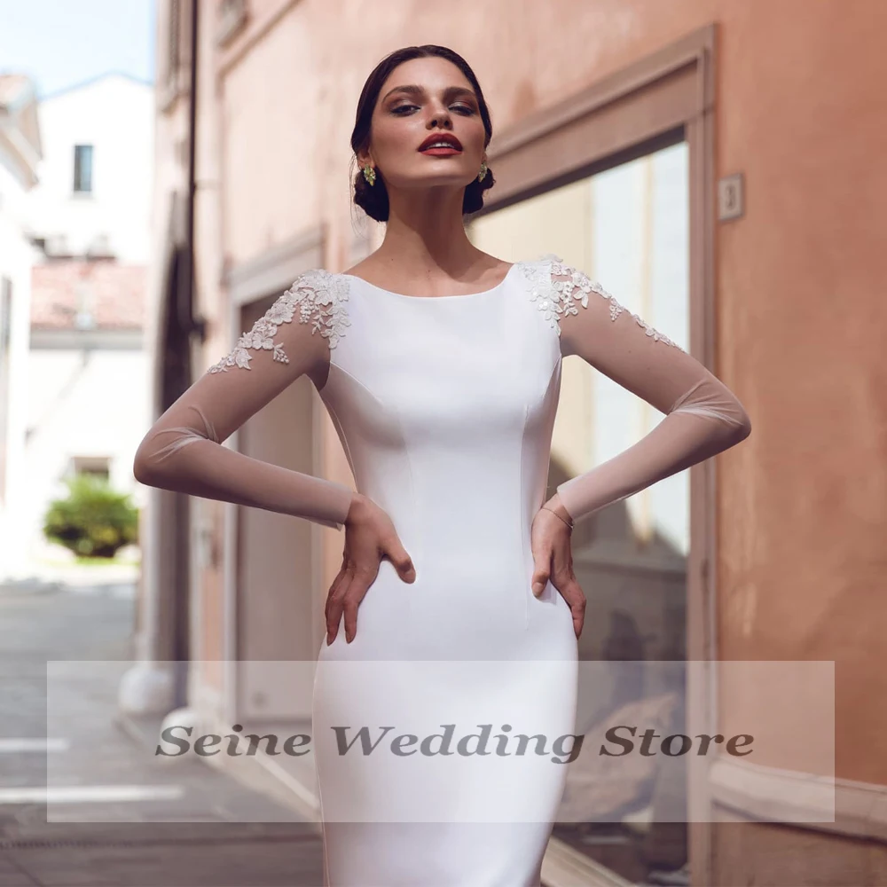 

Sexy Jersey Mermaid Wedding Dress Illusion Back Long Sleeves Jewel Appliques Sweep Train Bridal Gowns Robe Mariee