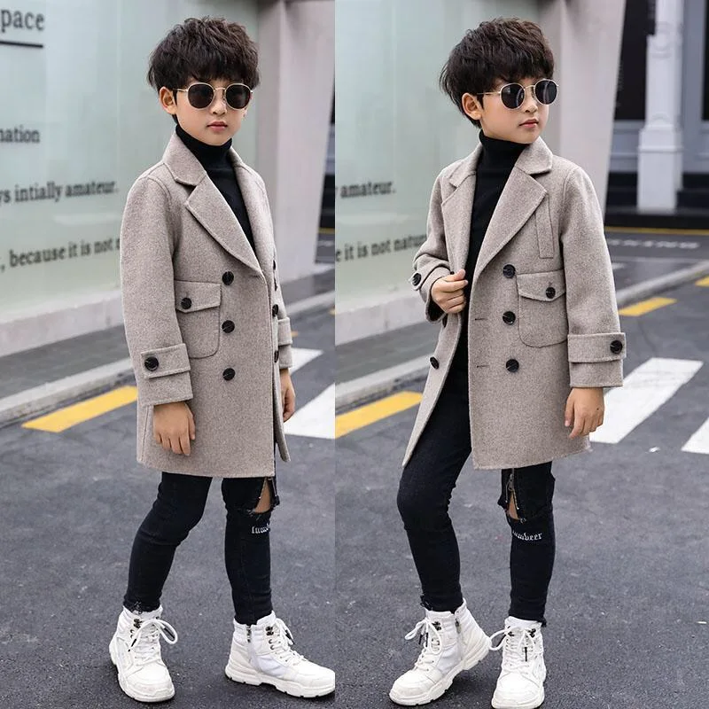 

2020 New Fashion Winter Woolen Coat for 5-16 Boys Turn Collar Double Breasted Big Pockets Solid Apricot Boy Coat High Quality