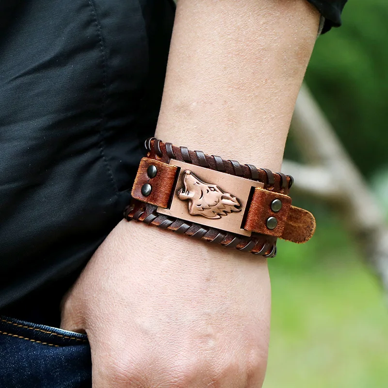 Винтажный Мужской Плетеный регулируемый кожаный браслет женское винтажное