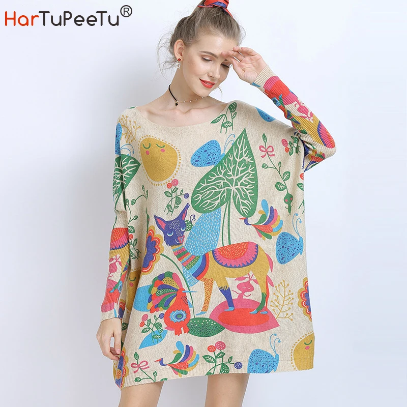 

Длинное платье-свитер для женщин, Осень-зима 2020, пуловер, вязаный свитер с цветным принтом, рукав «летучая мышь», свободные топы, уличная оде...