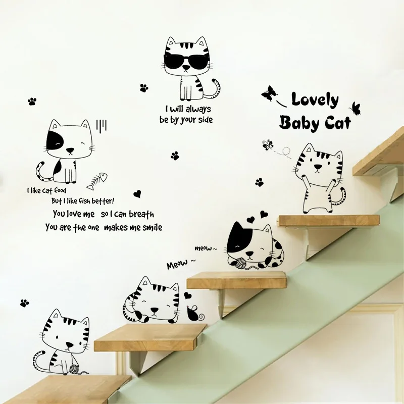 

Creative Cartoon Cute Cat Wall Posters Bedroom Living Room Decoration Vinyl Wallpaper Removable Waterproof Wall Stickers