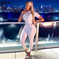 kliou classic solid jumpsuit women trend zip front short sleeve mock neck simple overall female casual sporty midriff one piece
