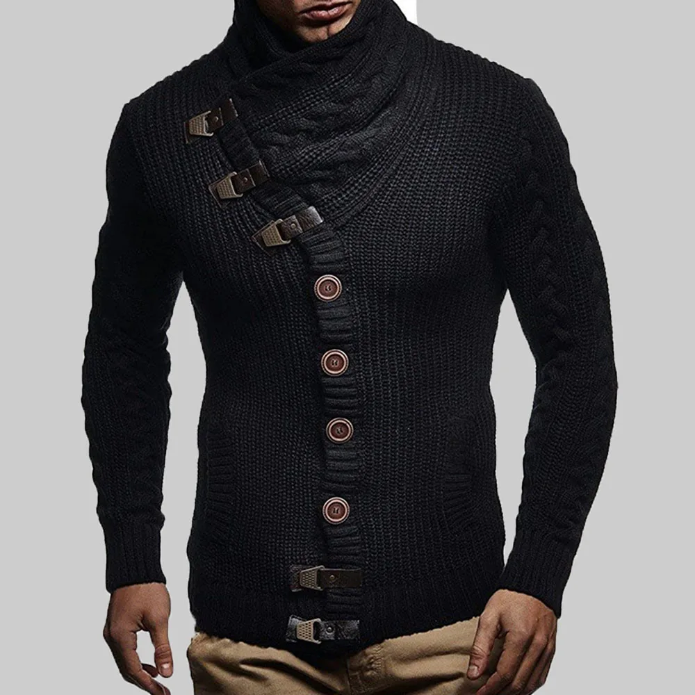 

Мужской трикотажный свитер-водолазка, однотонный однобортный черный свитер с длинным рукавом и пуговицами, Осень-зима 2021