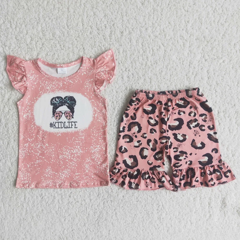

Baby Kids Wear Flutter Sleeve Outfits Pink Leopard Ruffle Shorts Letter Sunglasses Girls Print Shirts Boutique Wholesale