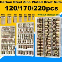 220170120pcs carbon steel rivet nuts set m3 m4 m5 m6 m8 m10 with box multi size insert rivet nuts set flat head threaded nuts
