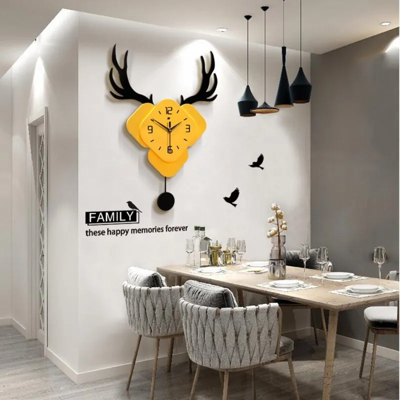 

Nordic deer head wall clock creative living room home clock 3D personality modern design simple mute European decorative clock
