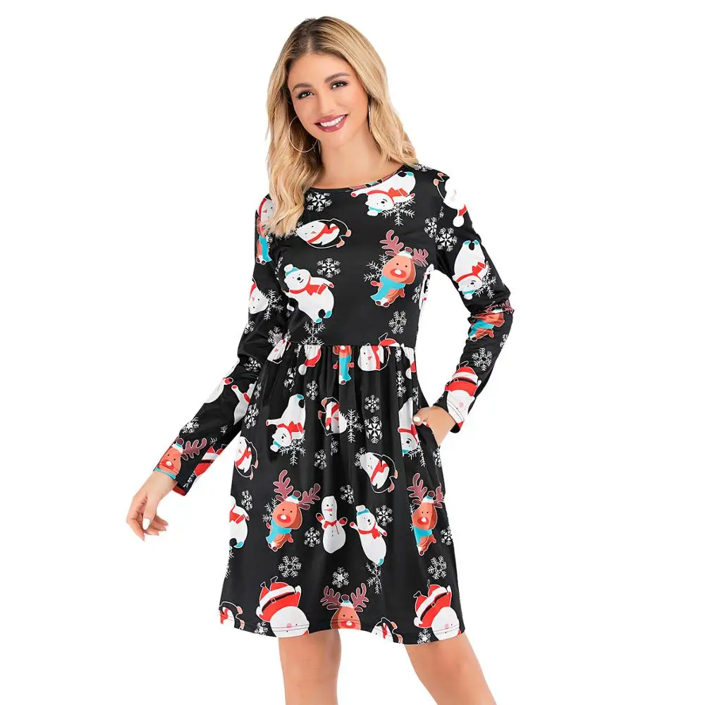 Женское платье с длинным рукавом принтом в виде рождественской елки оленя