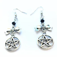 witch pentagram earrings bowknot pendant with black bead gothic fashion jewelry