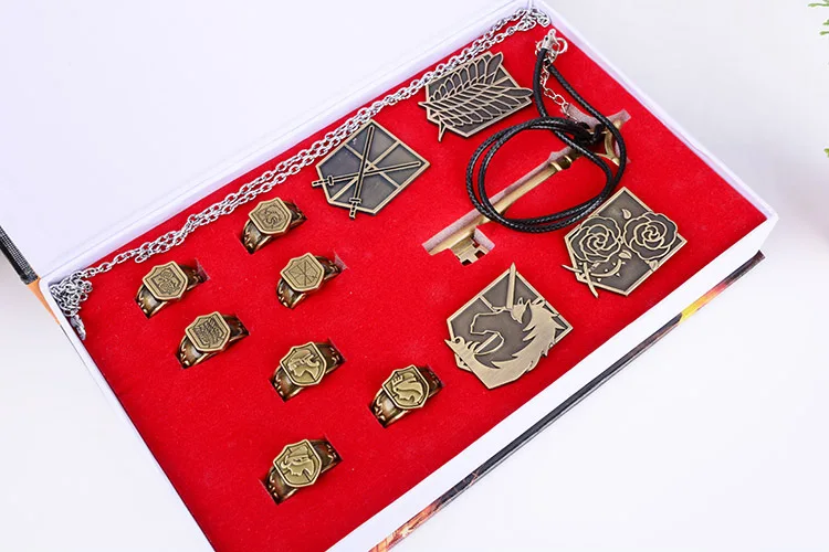 9 шт. металлические значки в стиле аниме атака на Титанов брелки ожерелье кольца броши булавки набор оружия