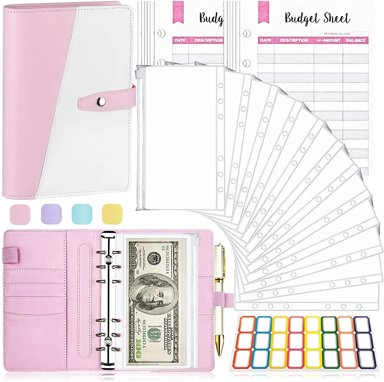 

A6 Binder Money Organizer for Cash, 26 Pieces Budget Binder with Cash Envelopes and Buget Sheets, Binder Money Budgeting Saving
