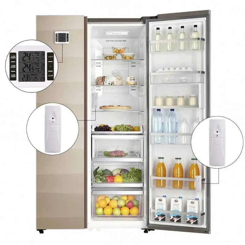 

Wireless Digital Audible Alarm Refrigerator Thermometer with 2pcs Sensor LCD Indoor Outdoor Temperature Meter Weather Station