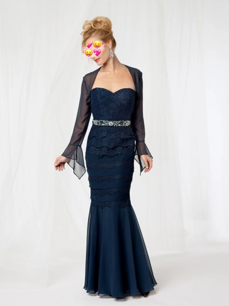 

Navy Blue Elegant Mother Of The Bride Dresses with Jacket Chiffon Lace Groom Mother Dresses For Weddings Gray Mermaid