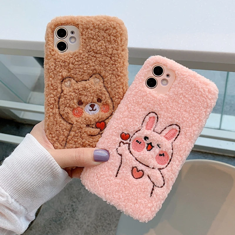 

Signalshin Plush Lamb Fluffy Fur Phone Case For iPhone 12 Mini SE XR XS 11 Pro MAX 7 8 Plus Eanling Hair Bear Rabbit Soft Cover