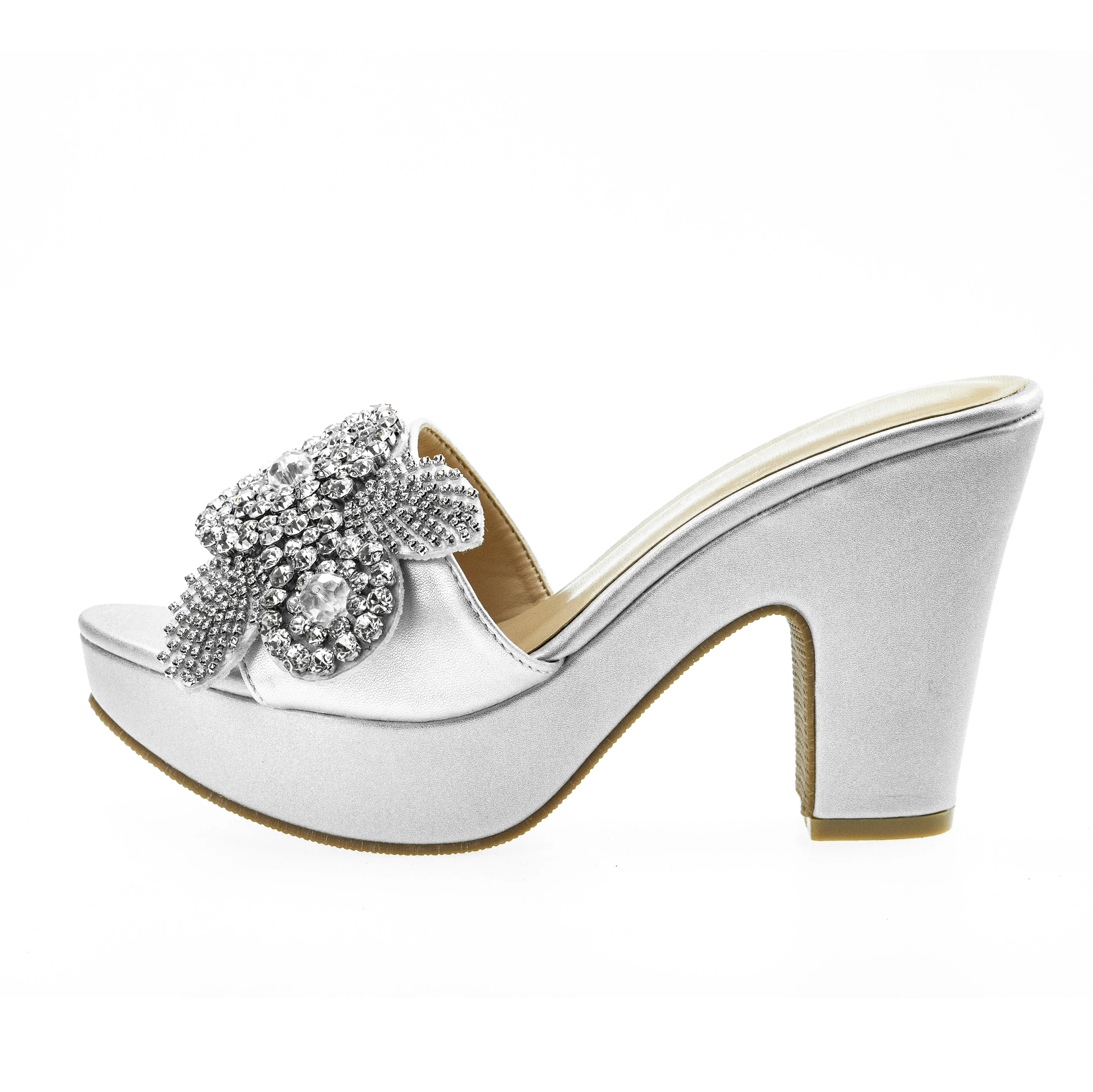 Floral Decor Chunky Women Mules Sandals Silvery Ladies Platform Shoes 6245-34 Plus Size 41 42 Party Dress Pumps Sqaure Heel Shoe