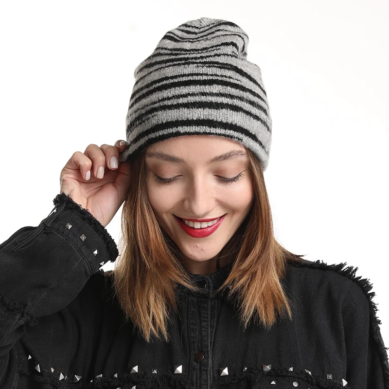 

2020 New Rabbit Fur Beanie Zebra Striped Knitted Hat Winter Skullies Beanies For Women Soft Warm Cap Gorros