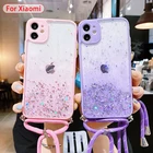 Чехол для Xiaomi Redmi Note 9 Pro Max, Note 8, Note 9S, 9A, 9C, с ремешком на шею, прозрачный, с блестками, защитная крышка для объектива камеры