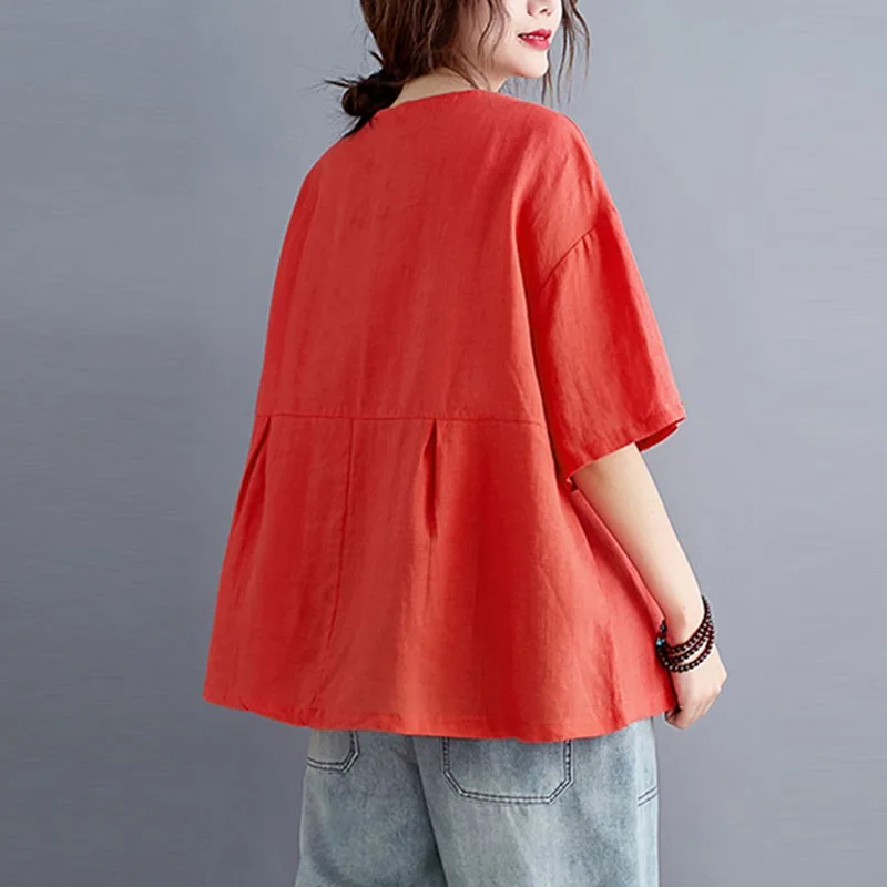

Women Cotton Linen Blouses Shirts New Arrival 2020 Autumn Simple Style V-neck Solid Color Loose Female Casual Tops S2736