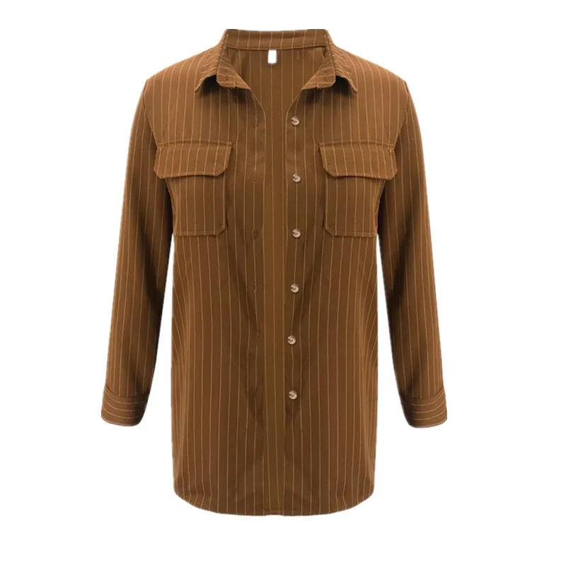 

Casual Vertical Stripe Print Women Blouses Office Shirt Fashion Lapel Long Sleeve Single Breasted Pocket Top Women's Blouse 2020