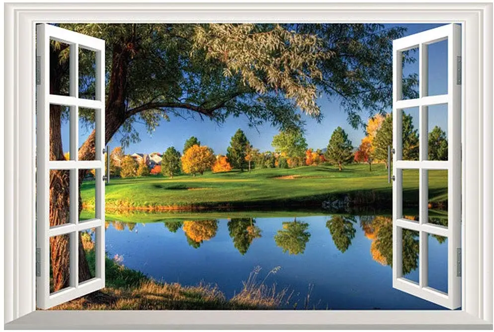 Творческий 3D оконной рамы на открытом воздухе берегу озера настенный стикер с