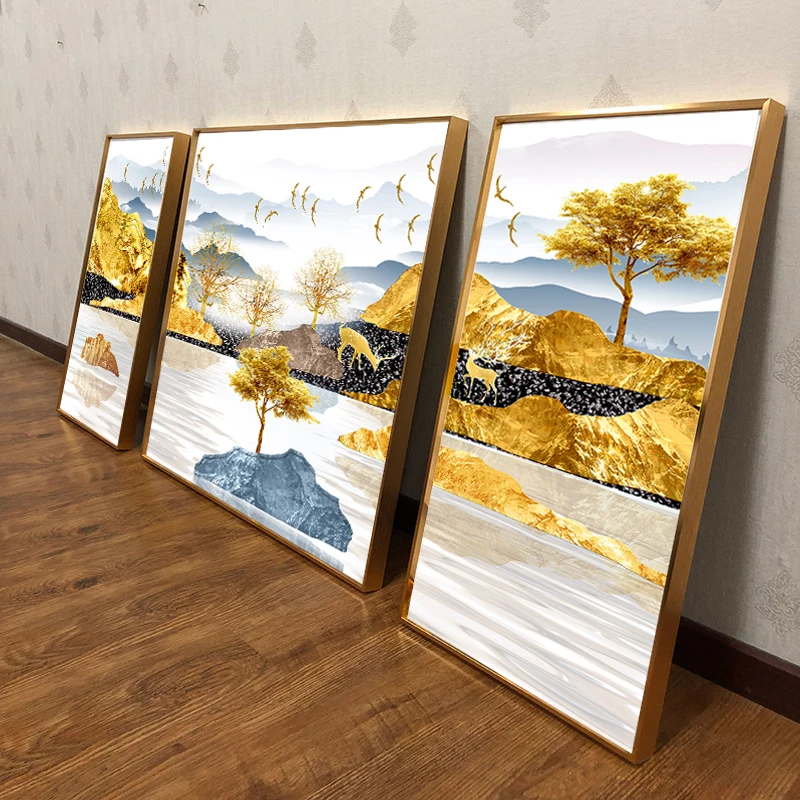3 шт. абстрактные постеры и печать Золотая гора озеро пейзаж настенная живопись