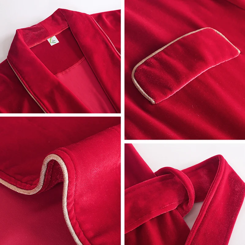 Robe for Men Velvet Winter Bathrobe Quality Soft Mens Kimono Red Chinese Wedding Warm Home Gown Bath New | Мужская одежда