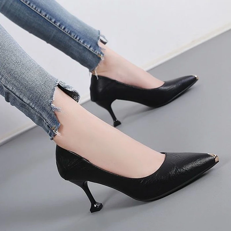 Soft Leather Two-wear High Heel Women's Shoes Autumn Pointed Toe Single Shoes Women Stiletto Iron Toe Black Mid-heel Work Shoes