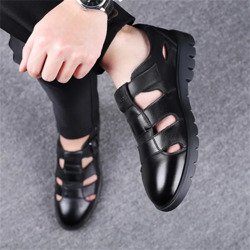 LIN KING Fashion Genuine Leather Hollow Out Men Sandals Summer Casual Shoes Breathable Outdoor Slip On Man Sandals Beach Shoes images - 6