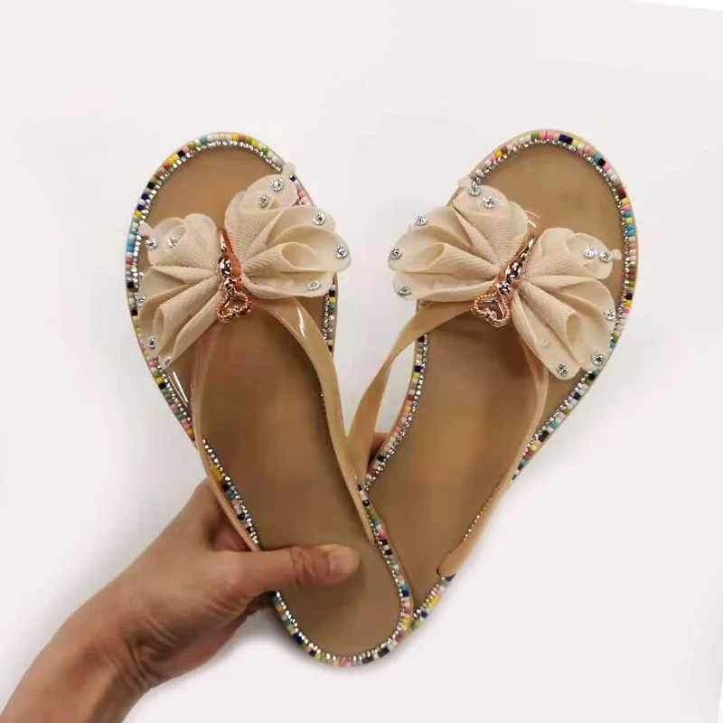 

Fashion Women Summer Slippers 2021 New Woman Flat Bow Beach Shoes Ladies Seaside Flip Flops PVC Slides Large Size 39 40