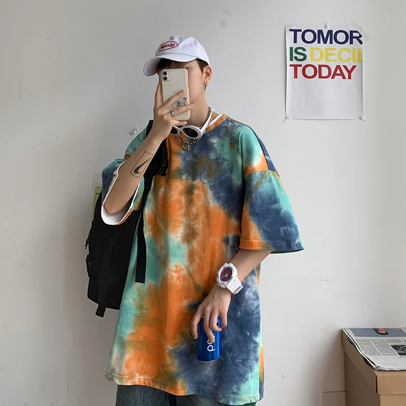 Мужские футболки в стиле хип хоп с принтом тай дай Мужская модная футболка