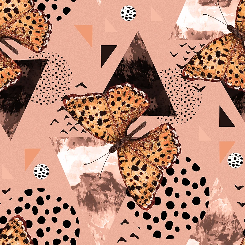 Ткань из полиэстера с разноцветным рисунком бабочки для платья тонкая