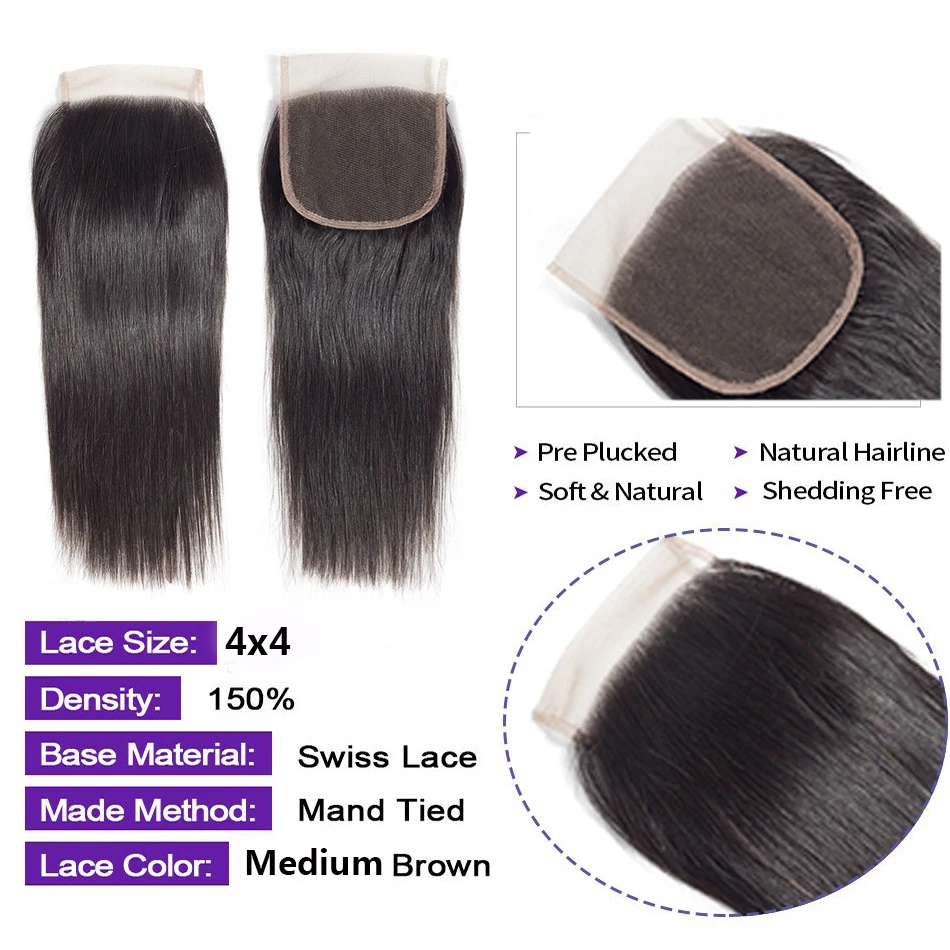 Straight Human Hair 3 Bundles With Closure Peruvian Remy Natural Color Hair Extension Hair Weave Bundles With Closure Abdo