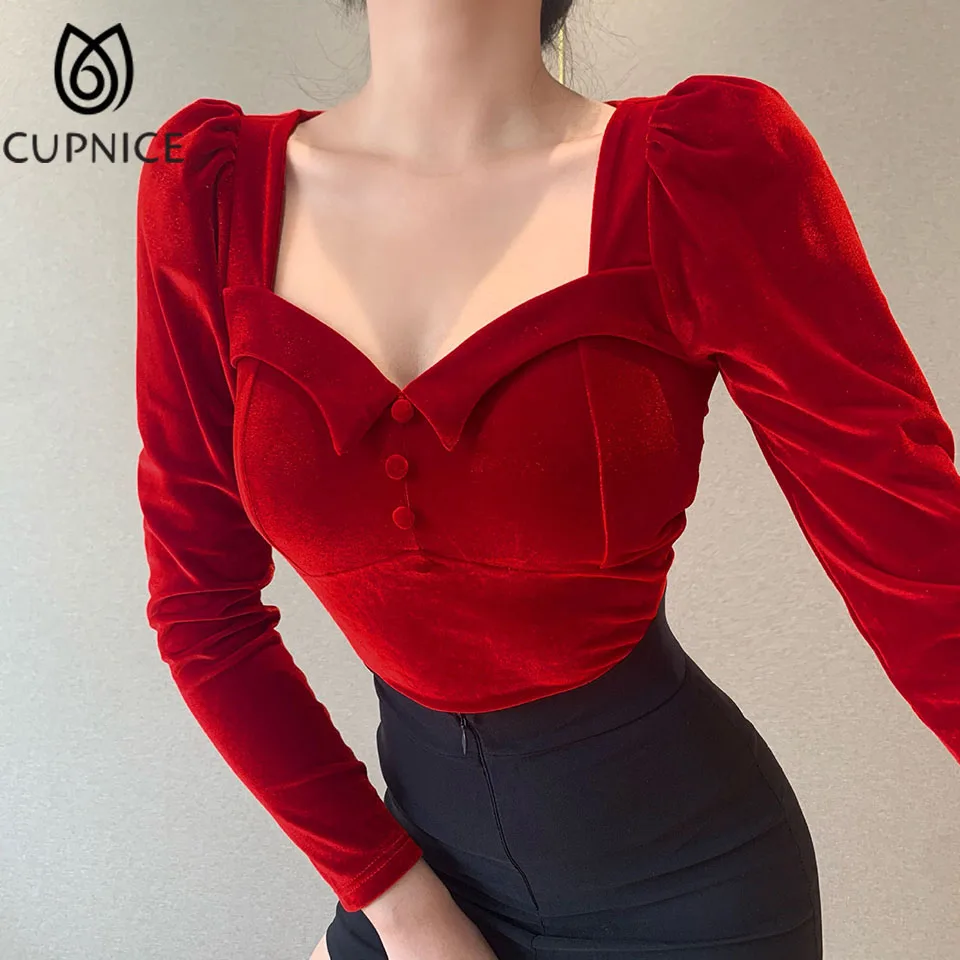 

CUPNICE Elegant Puff Sleeve Velvet Square Collar Women Pullover Blouse Slim Fit Patchwork Solid Color Female Bottoming Shirts