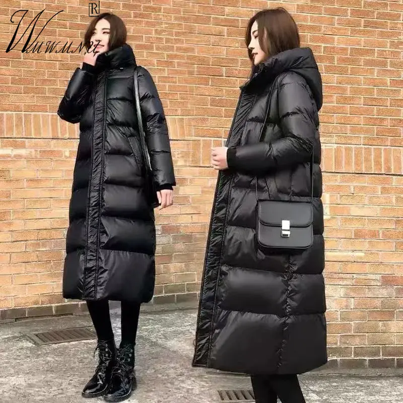 Супер Теплый женский стиль модное блестящее черное ветрозащитное зимнее пальто