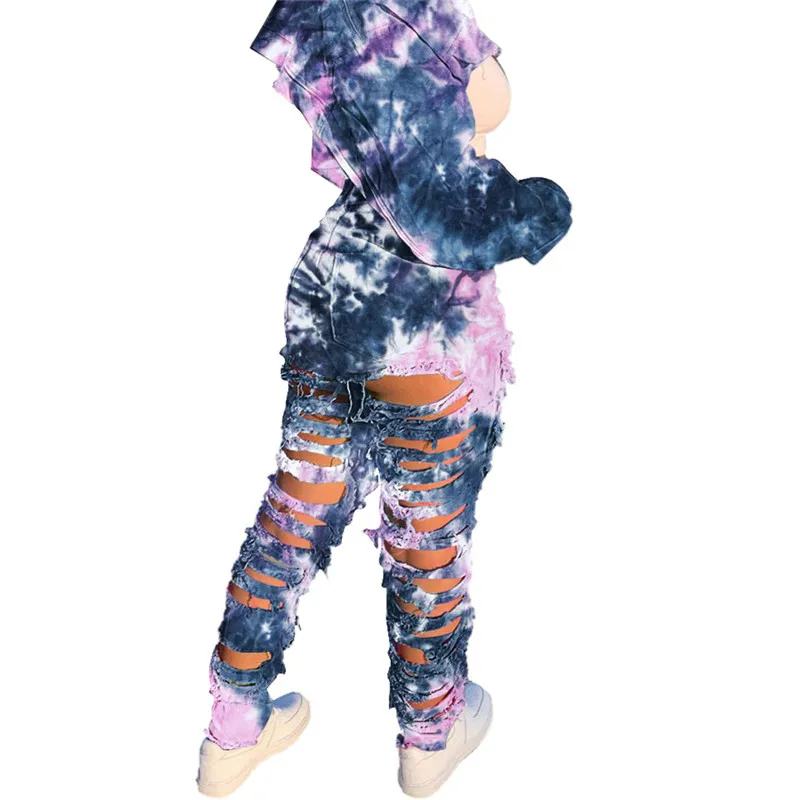 

Women Two Piece Set Denim Tie Dye Long Sleeve Mini Jacket High Waist Ripped Stacked Jeans Free Shpping Wholesale Dropshpping New