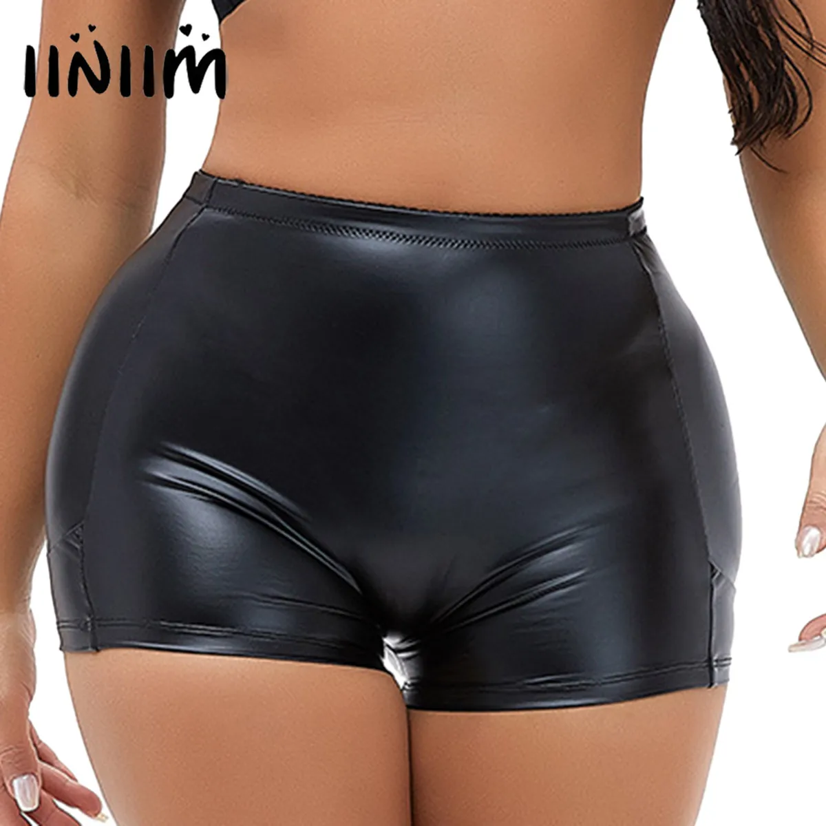 

Черные латексные женские шорты со средней талией, съемные блестящие шорты из искусственной кожи с подкладкой, ажурные сетчатые Лоскутные э...