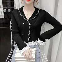 lace long sleeve sweater womens knitted notched collar sueters de mujer button slim top spring autumn solid women clothes
