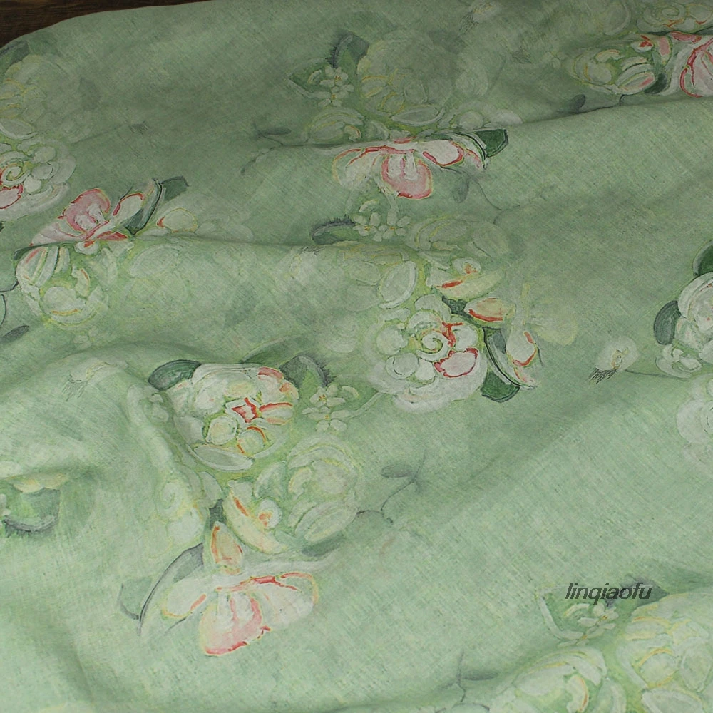 

Light green series printed pure ramie fabric, dress robe linen clothing fabric