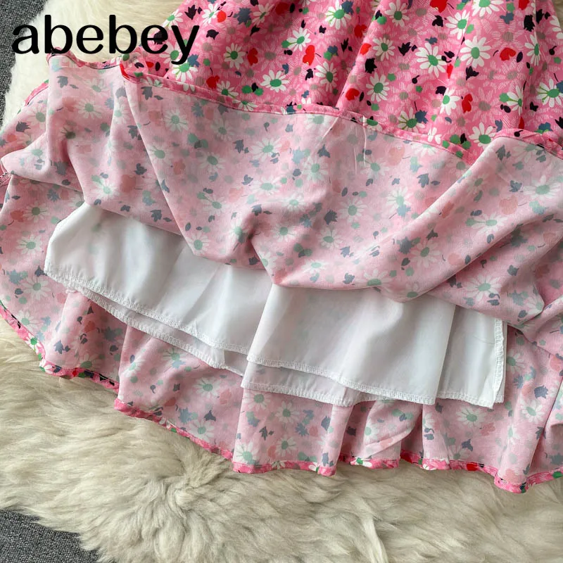 

Women Retro Floral Dress Korean Puff Sleeve Bow Square Collar Ruched A-line Dresses Summer Boho Print Ruffles Short Dress
