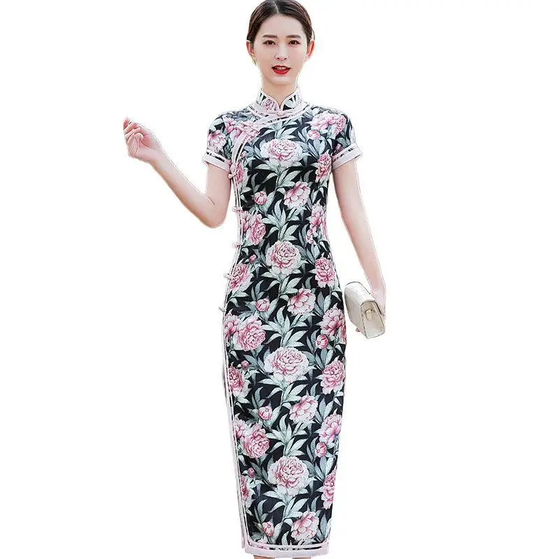 

Women Cheongsam Sexy High Split Evening Party Dress Elegant Mandarin Collar Qipao Big Size 3XL 4XL Print Flower Vestidos