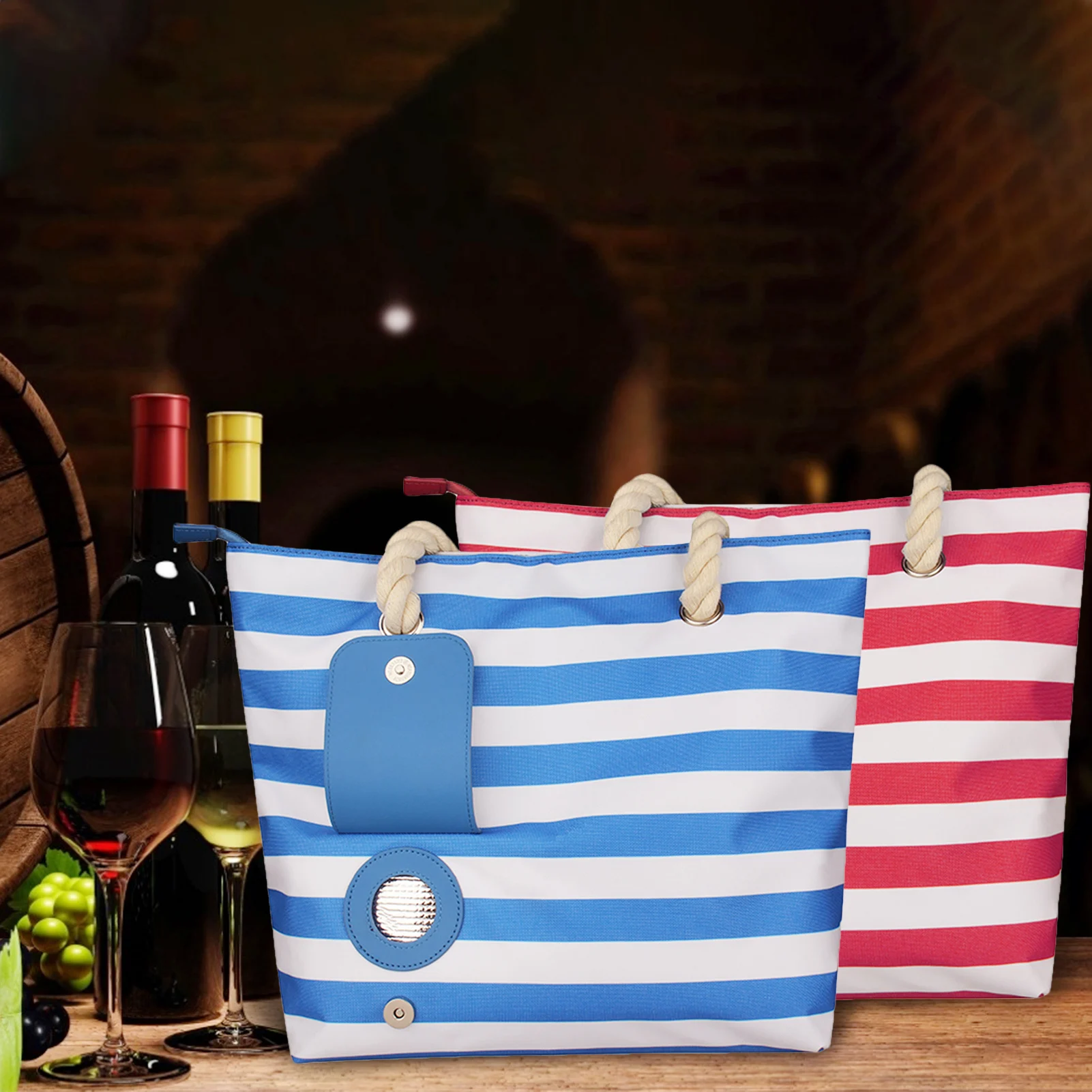 

Fashion Casual Striped Red Wine Bag Beach Tote Bag With Insulated Compartment Lining And Side Pockets Inside, Large Capacity