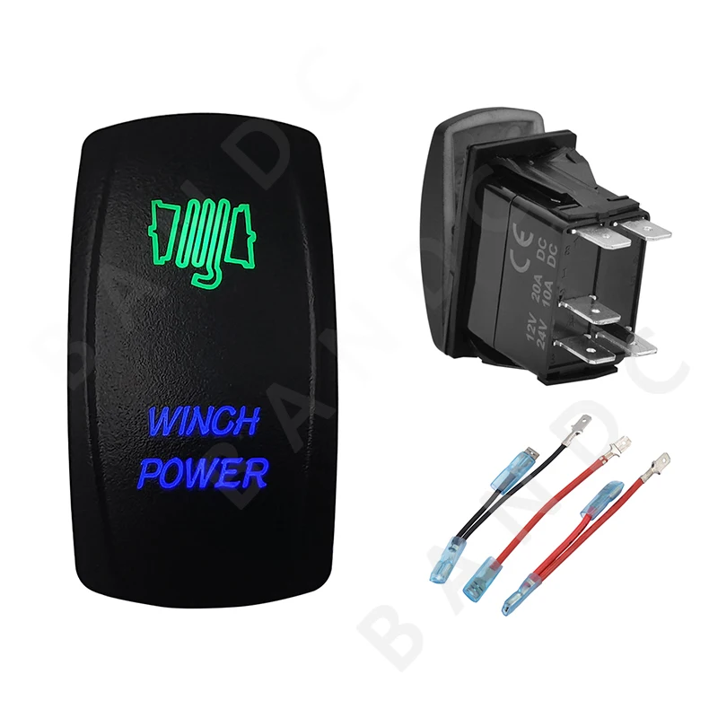 

WINCH POWER Rocker Switch 5P ON-OFF SPST Laser Etched Illuminated Green&Blue Led for Car Boat Marine ARB RV Bus UTV，Jumper Wire