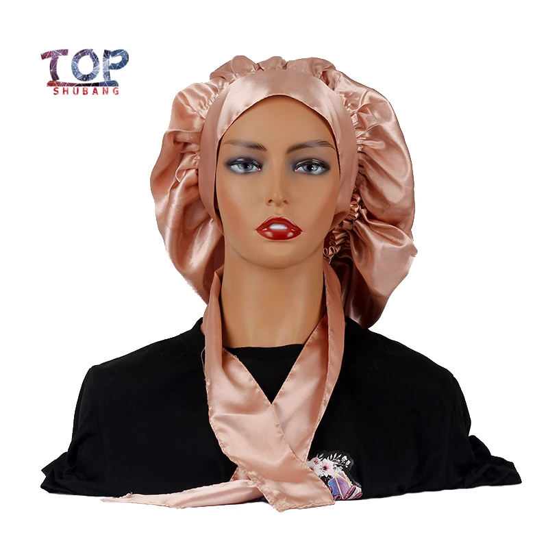 Customized Logo Satin Double Layer Bonnet With Long Wide Edge Control Wrap Satin Head Band