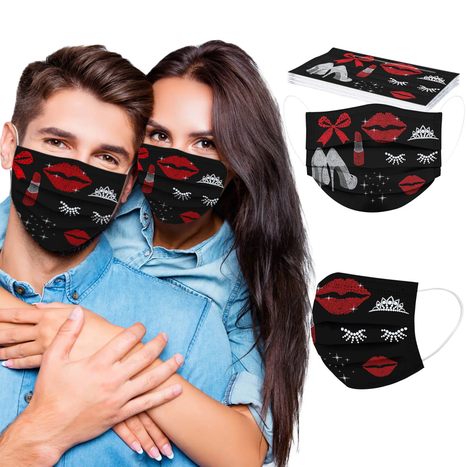 

50PC Adult Lips Printing Face Mask Couples Valentine's Day Disposable Masks Industrial 3Ply Non-wove Anti-dust Earloop Bandage