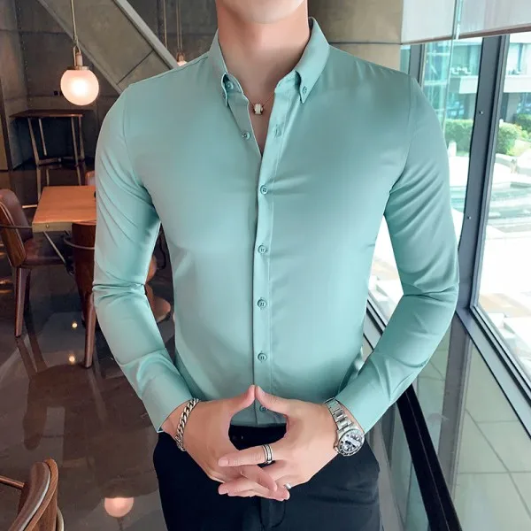 Grass Green Британский стиль, однотонная мужская рубашка, высокое качество, длинный рукав, мужские рубашки, люкс стиль, приталенная, повседневная, рабочая рубашка, мужская одежда - Цвет: Grass Green